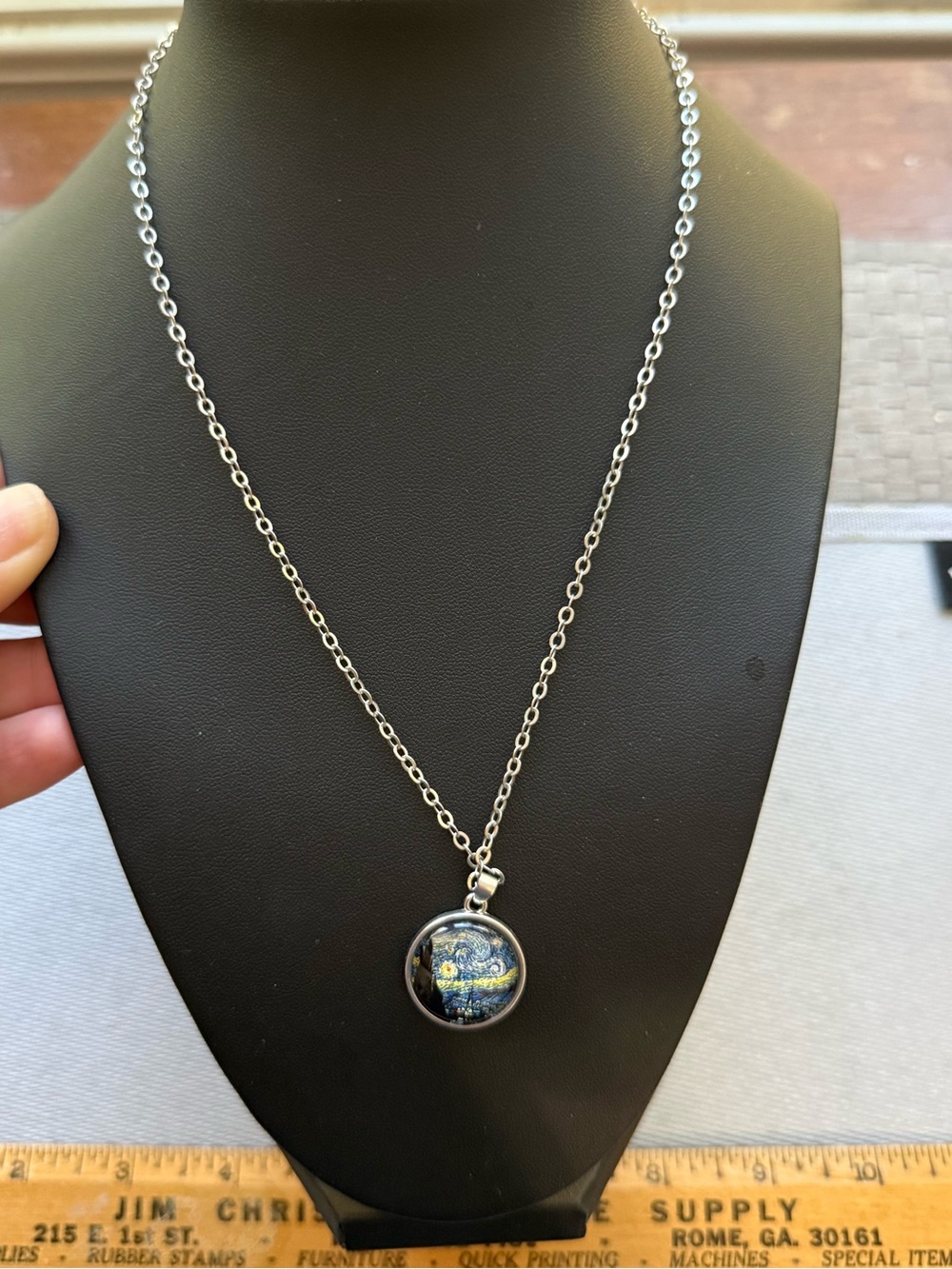 Silver Pendant Necklace with Blue Starry Night Glass pendant